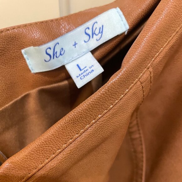 She + Skye Faux Leather Mini Skirt in Caramel Coffee Brown, Size L - Picture 5 of 5